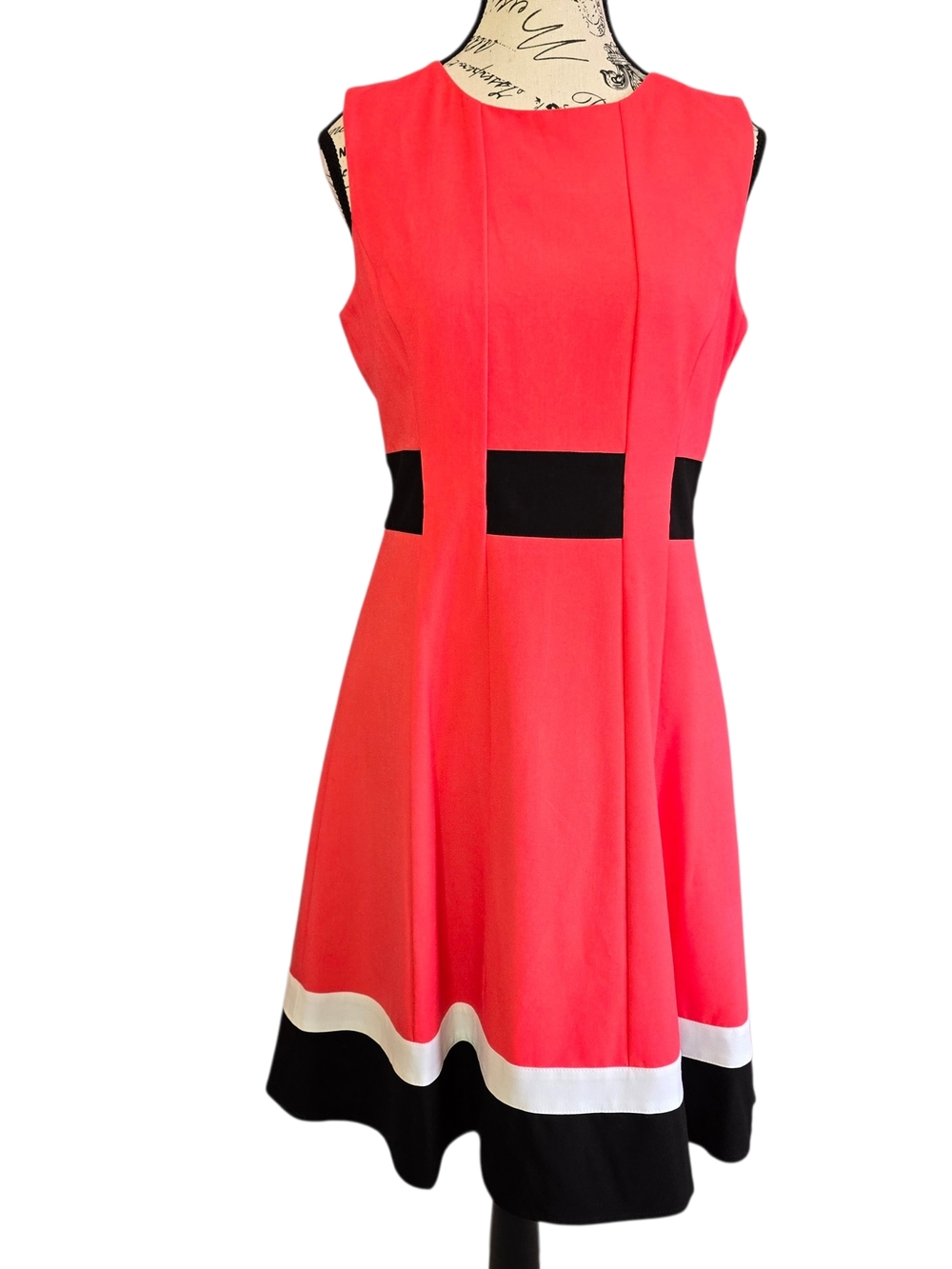 Calvin Klein New Colorblocked Red Black White Fit & Flare Sleeveless Dress 6